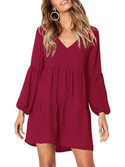 Sexy Plain Woman Long Sleeve V Neck Skater Dresses