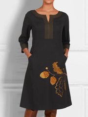 Black Printed A-Line V Neck Casual Dresses