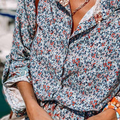 Casual Floral print Lapel Long sleeve Lacing Skater Dresses
