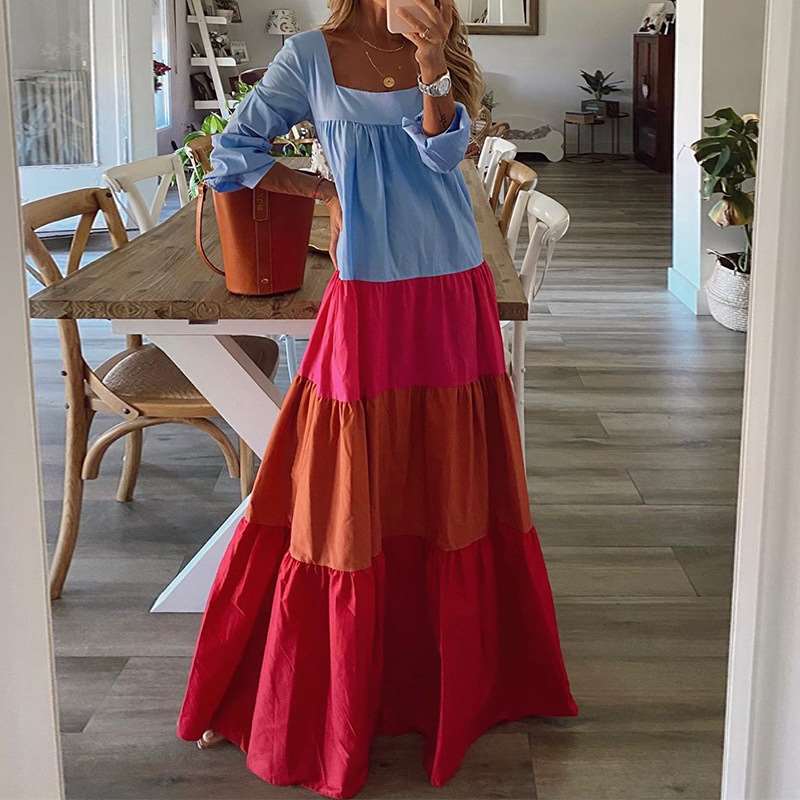 Fashion Casual Gored Square collar Long sleeve Maxi Dresses