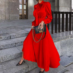 Pure Stylish Elegant Bow tie Long sleeve Lacing Skater Maxi Dresses