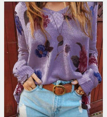 Casual Loose Floral print V neck Long sleeve Knit Sweaters