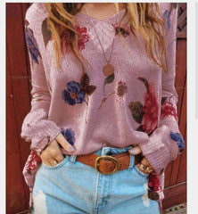 Casual Loose Floral print V neck Long sleeve Knit Sweaters