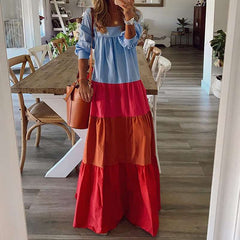 Fashion Casual Gored Square collar Long sleeve Maxi Dresses