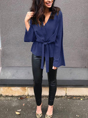 Elegant Long Sleeve V-neck Tie Blouse