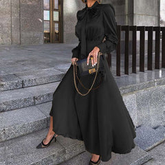 Pure Stylish Elegant Bow tie Long sleeve Lacing Skater Maxi Dresses
