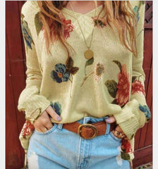 Casual Loose Floral print V neck Long sleeve Knit Sweaters