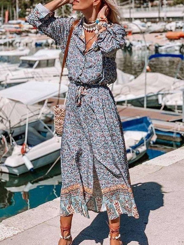 Casual Floral print Lapel Long sleeve Lacing Skater Dresses