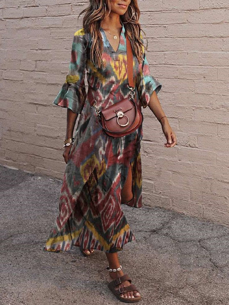 Fashion Casual Retro print V neck Mandarin sleeve Vent Maxi Dresses