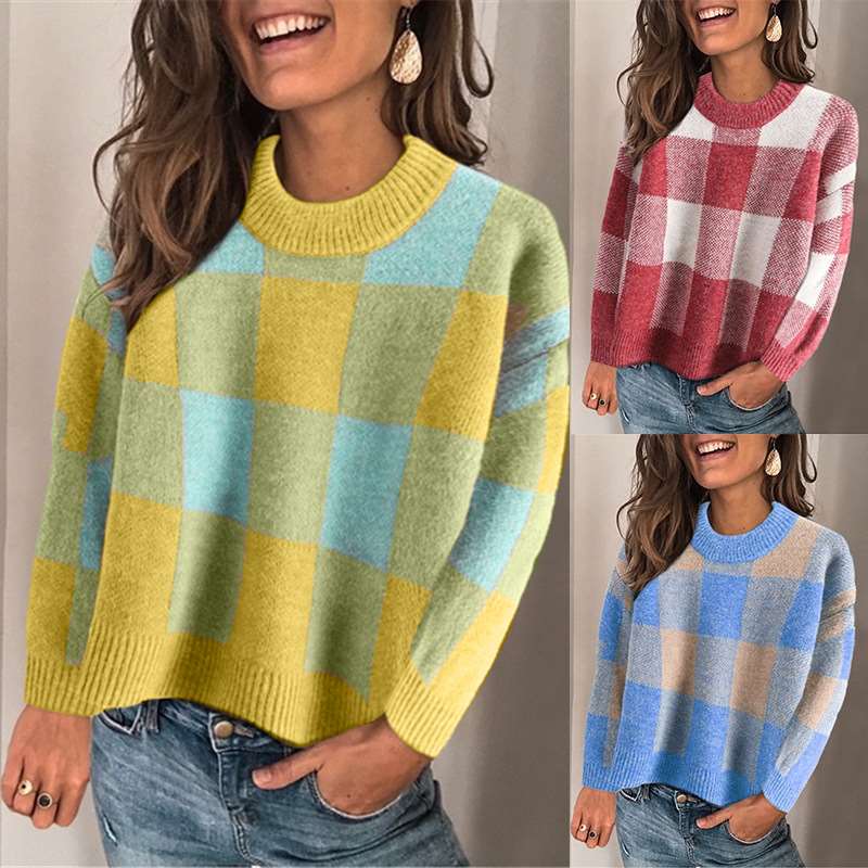 Casul Plaid Round neck Long sleeve Knit Sweaters