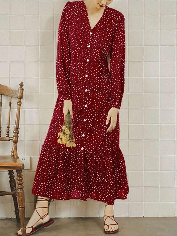 Fashion Print V neck Long sleeve Gored Falbala Fastener Maxi Dresses