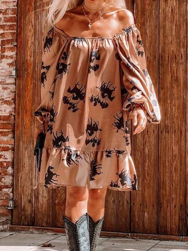 Casual Loose Print One shoulder Long sleeve Gored Falbala Shift Dresses