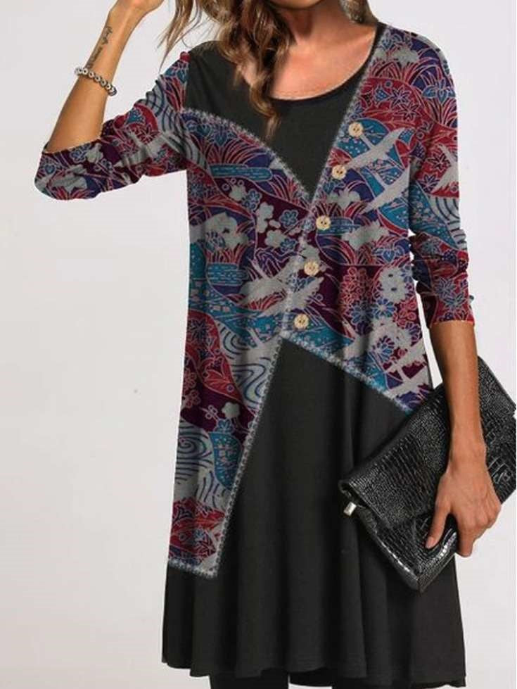 Fashion Retro print Round neck Long sleeve Gored Shift Dresses