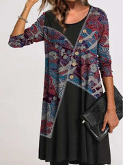 Fashion Retro print Round neck Long sleeve Gored Shift Dresses