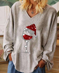Casual Loose Christmas cup printing V neck Long sleeve T-Shirts