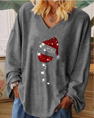Casual Loose Christmas cup printing V neck Long sleeve T-Shirts