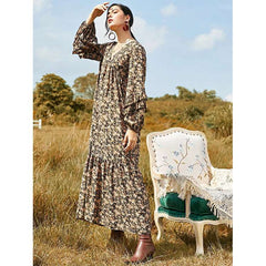 Casual Loose Floral print V neck Long sleeve Maxi Dresses