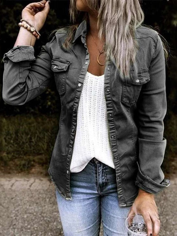 Fashion Pure Lapel Long sleeve Jean Jackets