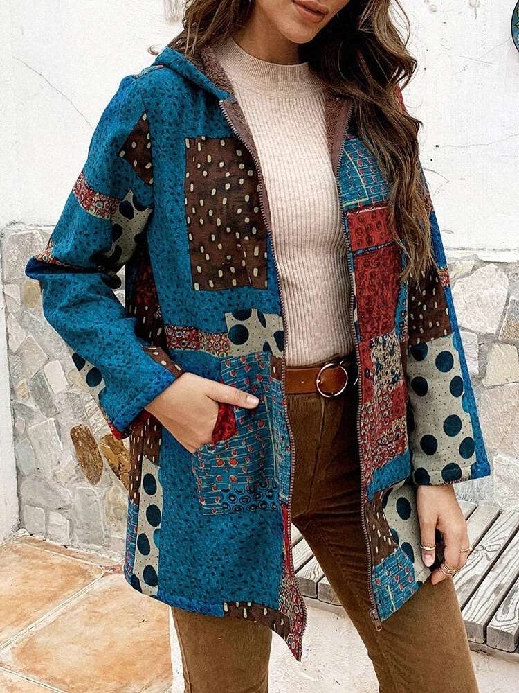 Fashion Plaid print Long sleeve Brushed Hoodie Coats