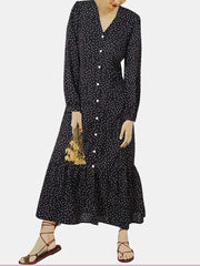 Fashion Print V neck Long sleeve Gored Falbala Fastener Maxi Dresses