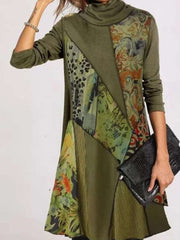 Fashion Retro print Heaps collar Long sleeve Gored Shift Dresses
