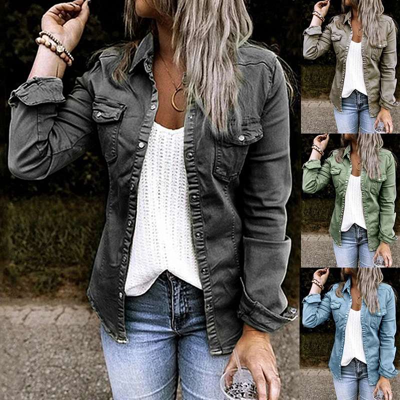 Fashion Pure Lapel Long sleeve Jean Jackets