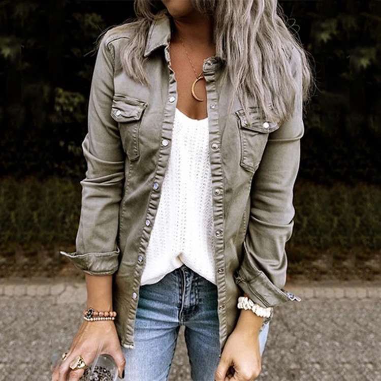 Fashion Pure Lapel Long sleeve Jean Jackets