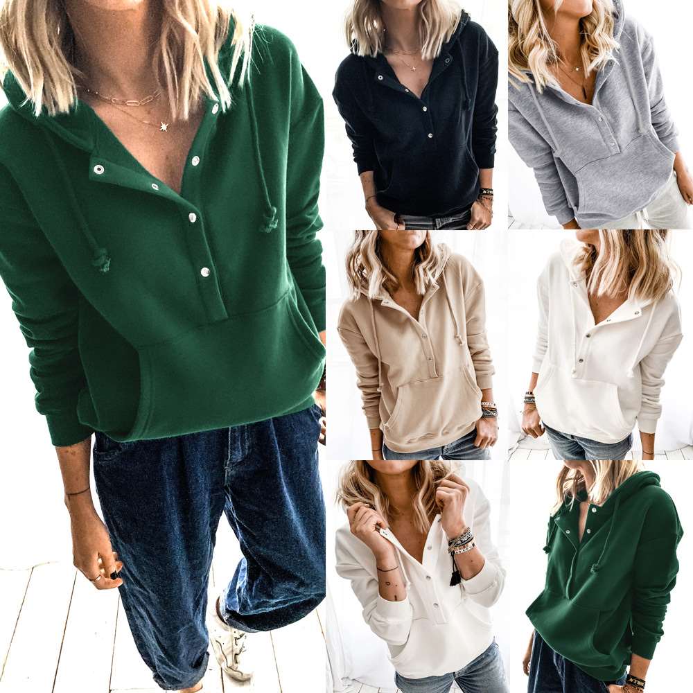 Women Casual Pure Long sleeve Pocket Hoodies Sweatshirts