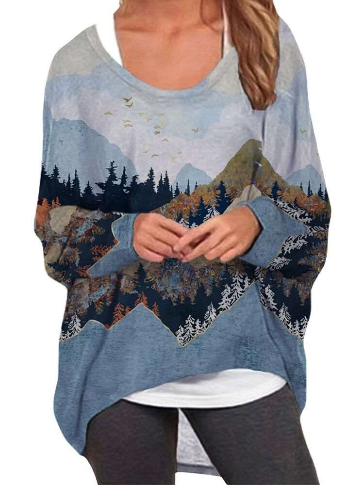 Casual Loose Plus Landscape print Round neck Long sleeve T-Shirts