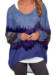 Casual Loose Plus Landscape print Round neck Long sleeve T-Shirts