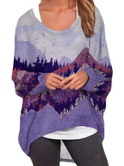 Casual Loose Plus Landscape print Round neck Long sleeve T-Shirts