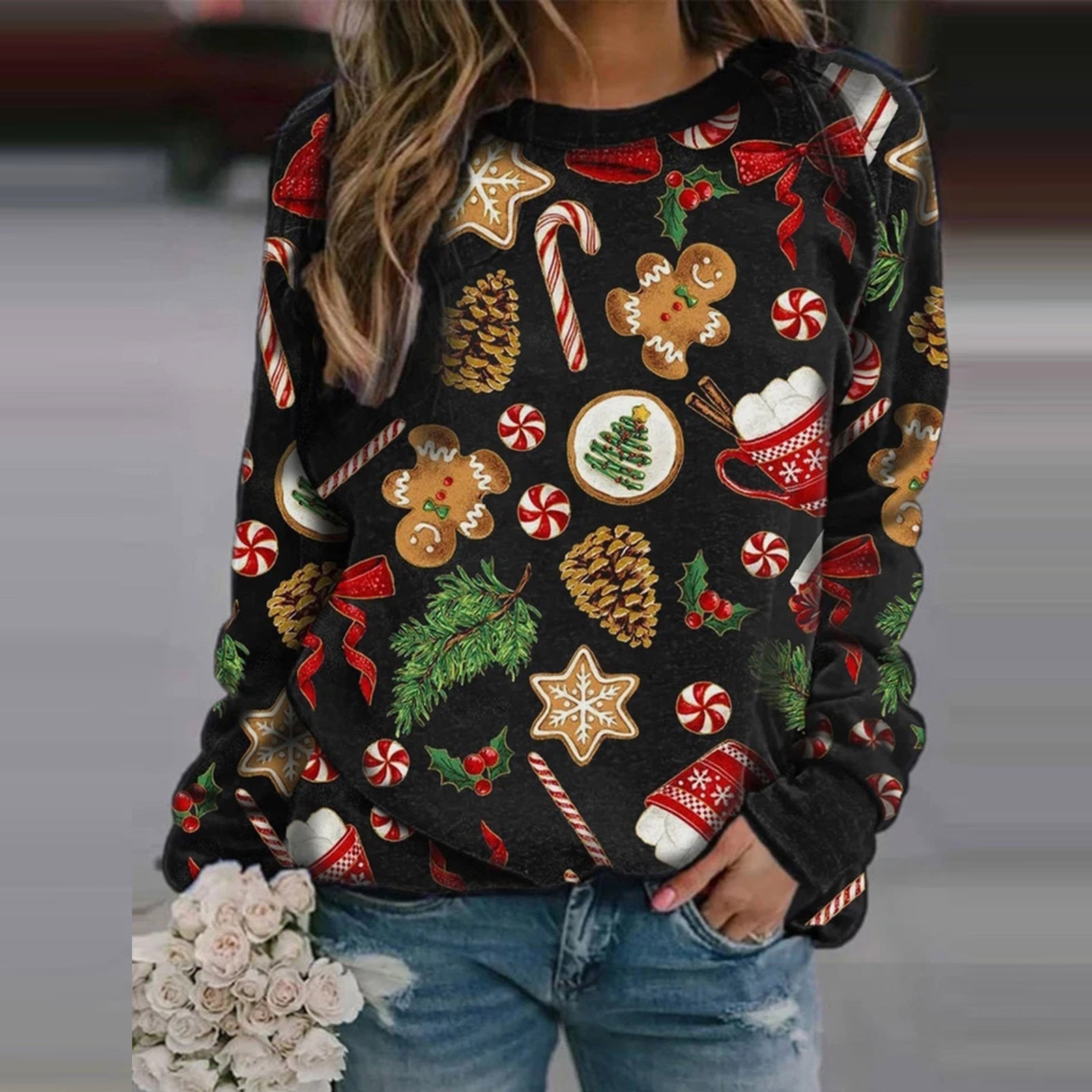 Christmas printed round neck long-sleeved fleece sweatshirts