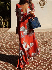 Women Casual Sexy Deep V Neck Floral Print Maxi Dresses