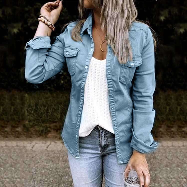 Fashion Pure Lapel Long sleeve Jean Jackets