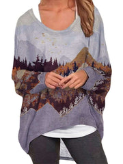 Casual Loose Plus Landscape print Round neck Long sleeve T-Shirts