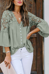 Casual Pure Lace Hollow out V neck Long sleeve Blouses
