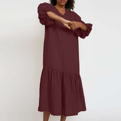 Casual Loose Pure V neck Long sleeve Gored Maxi Dresses