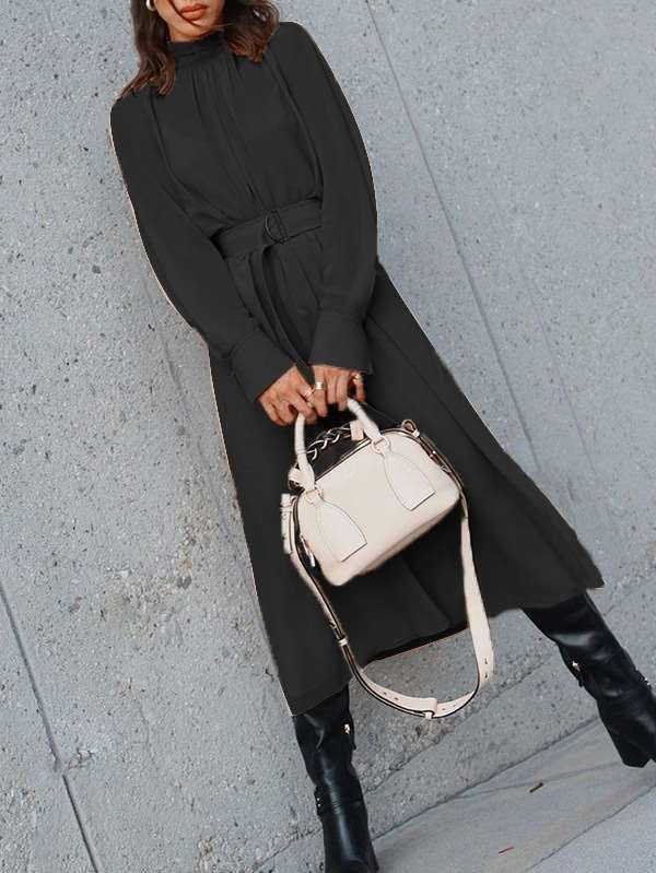 Fashion Pure High collar Long sleeve Lacing Maxi Dresses