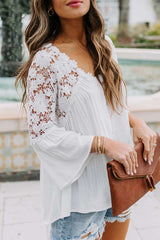 Casual Pure Lace Hollow out V neck Long sleeve Blouses