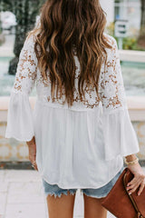 Casual Pure Lace Hollow out V neck Long sleeve Blouses