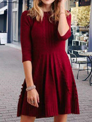 Casual Pure Round neck Long sleeve Knit Skater Dresses