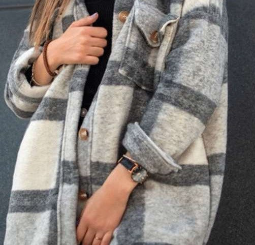 Fashion Plaid Plush Lapel Long sleeve Coats