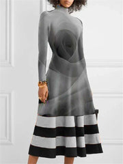 Fashion Rose print High collar Long sleeve Skater Maxi Dresses