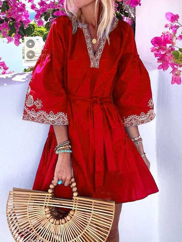 Casual Gored print V neck Three quarter sleeve Lacing Shift Dresses