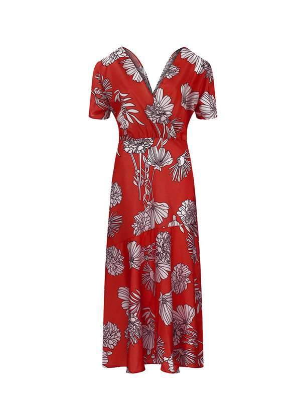 Women Casual Sexy Deep V Neck Floral Print Maxi Dresses