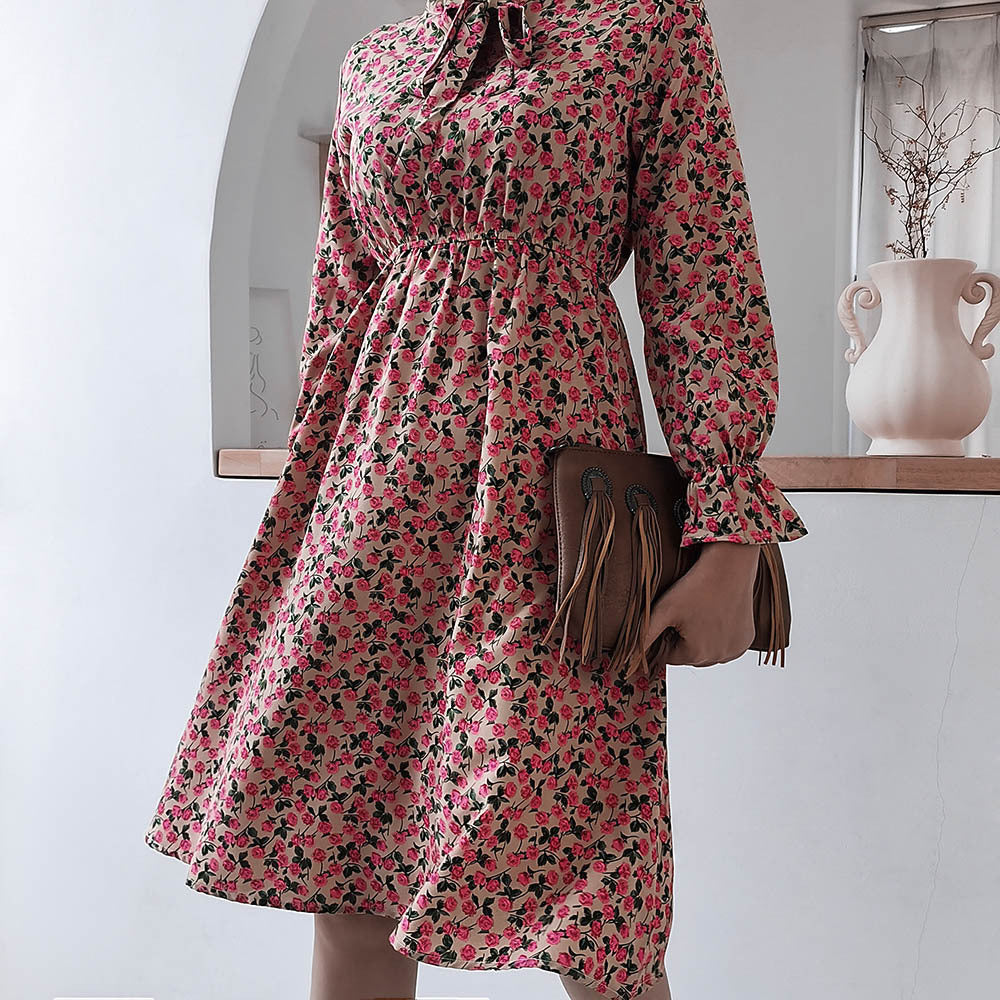 Bowknot tie neck women printed skater dresses for autumn