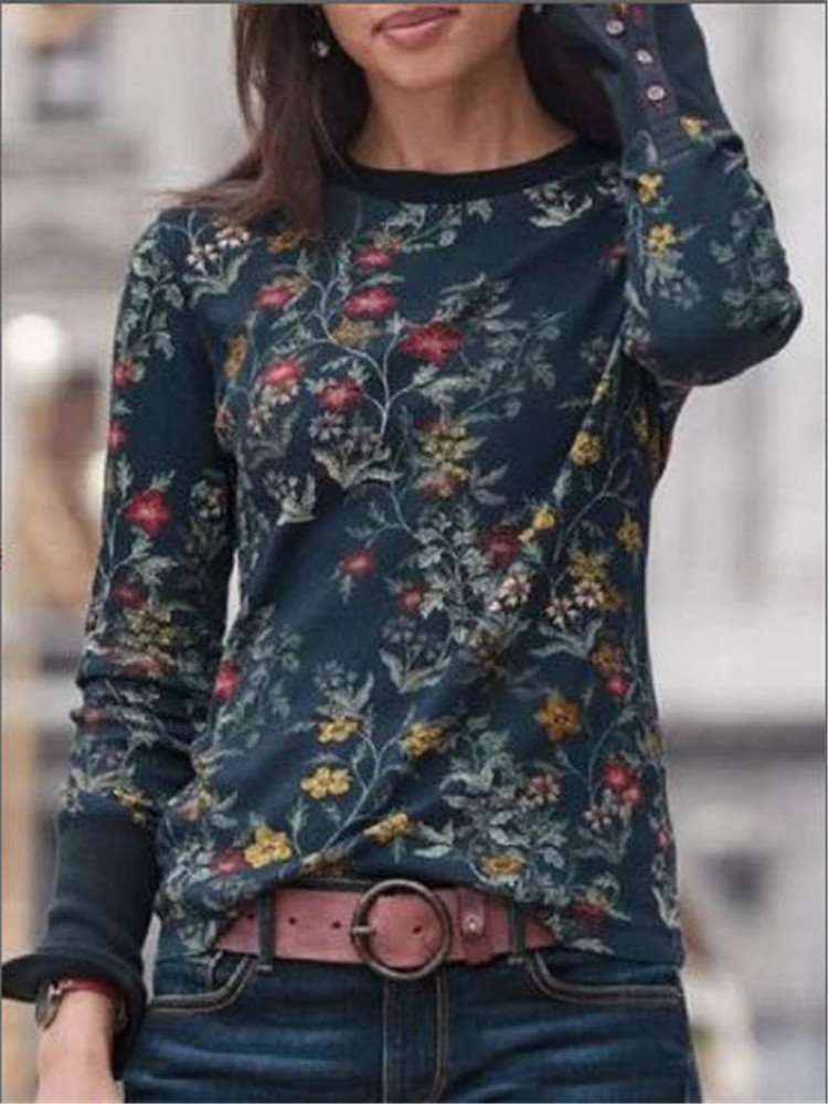 Fashion Retro print Round neck Long sleeve T-Shirts