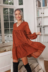 Casual Loose Point print V neck Long sleeve Gored Shift Dresses
