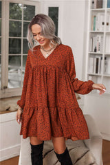 Casual Loose Point print V neck Long sleeve Gored Shift Dresses