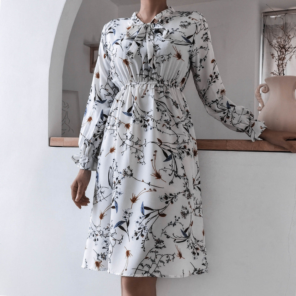 Bowknot tie neck women printed skater dresses for autumn